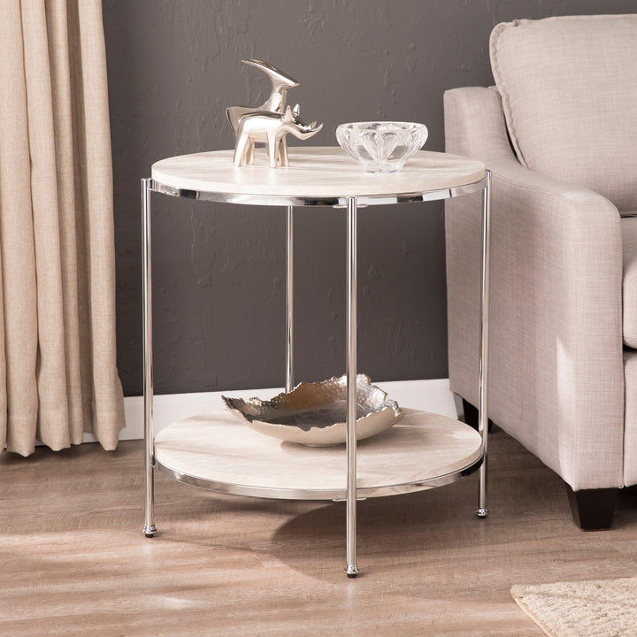 SwayLiving Silas Round Faux Stone End Table - Chrome ACCENT TABLES
