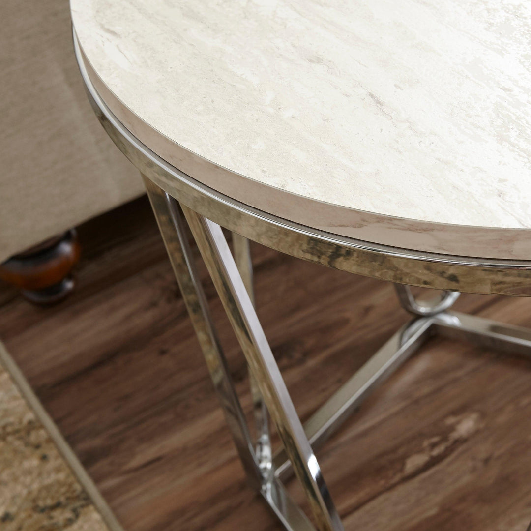 SwayLiving Luna Round Faux Stone End Table – Silver ACCENT TABLES