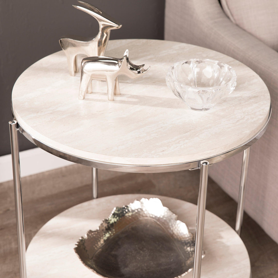 SwayLiving Silas Round Faux Stone End Table - Chrome ACCENT TABLES