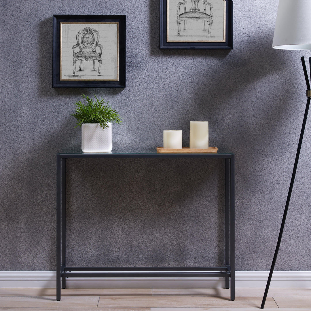 SwayLiving Darrin Narrow Mini Console Table w/ Mirrored Top – Gunmetal Gray CONSOLE TABLES