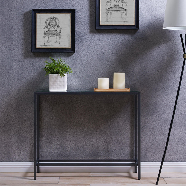 SwayLiving Darrin Narrow Mini Console Table w/ Mirrored Top – Gunmetal Gray CONSOLE TABLES