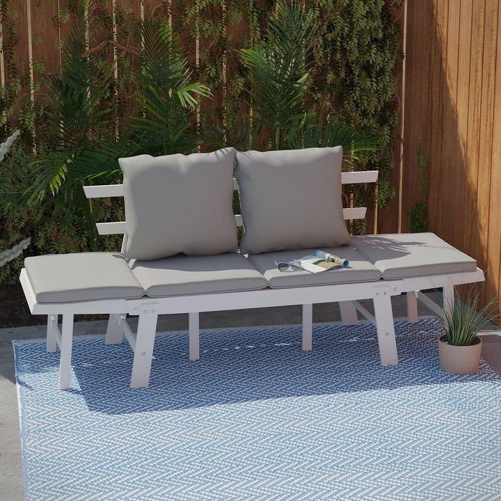 SwayLiving Holly & Martin Dolavon Outdoor Convertible Lounge Chair – White w/ Gray Cushions OUTDOOR CHAISE LOUNGES