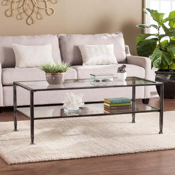 SwayLiving Jaymes Metal/Glass Rectangular Open Shelf Cocktail Table - Black COFFEE TABLES