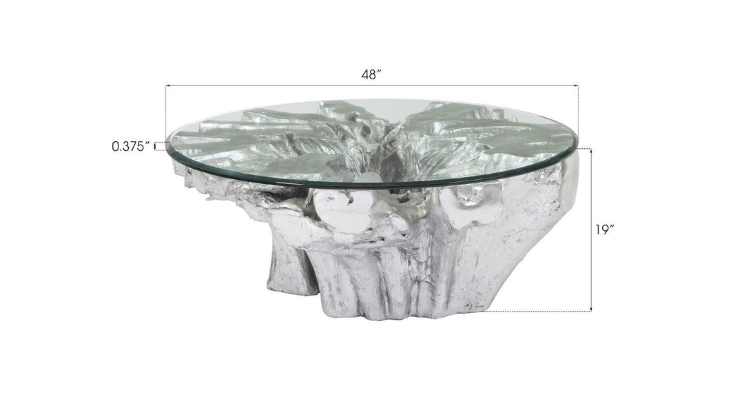 SwayLiving Otis Root Coffee Table with Glass, Silver Leaf COFFEE TABLES