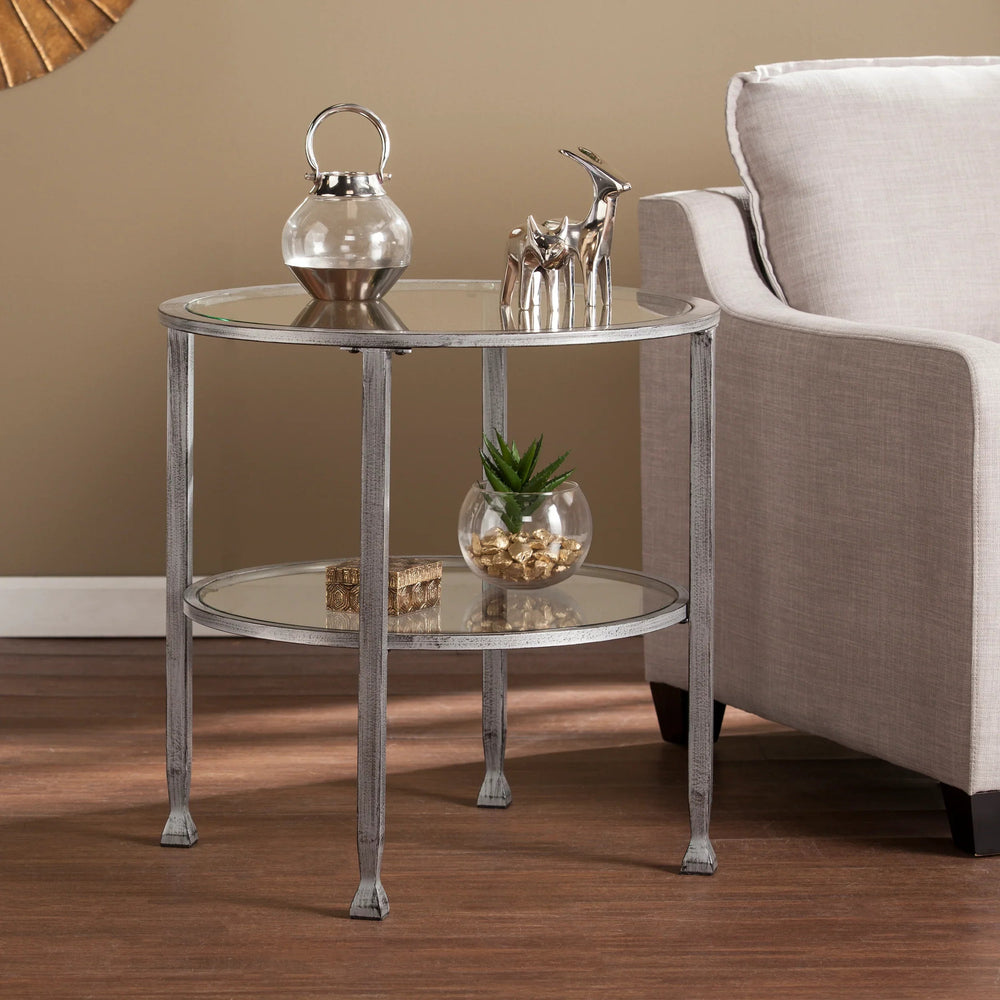 SwayLiving Jaymes Metal/Glass Round End Table - Silver ACCENT TABLES