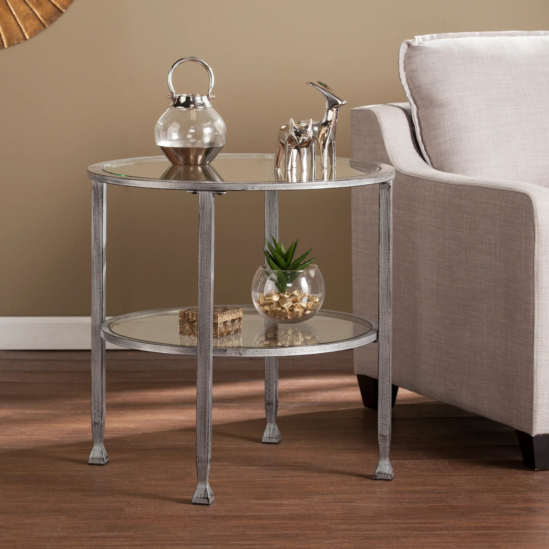 SwayLiving Jaymes Metal/Glass Round End Table - Silver ACCENT TABLES