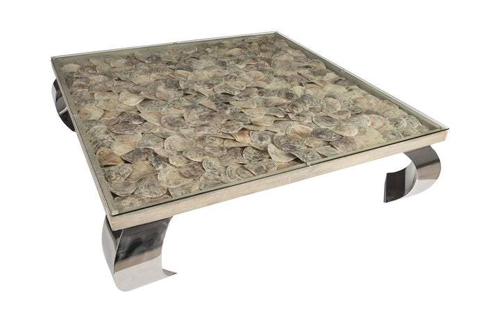 SwayLiving Shell Coffee Table, Glass Top, Ming Stainless Steel Legs COFFEE TABLES