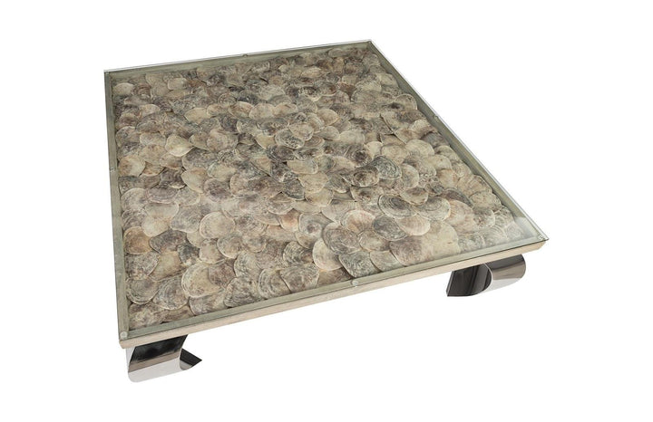 SwayLiving Shell Coffee Table, Glass Top, Ming Stainless Steel Legs COFFEE TABLES