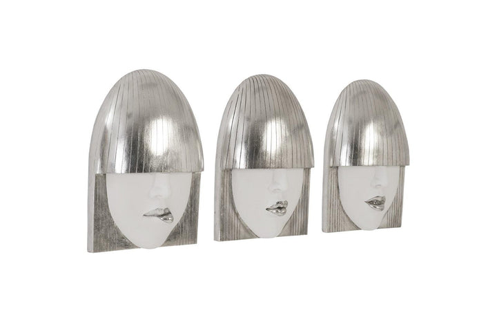 SwayLiving Fashion Faces Wall Art, Small, White and Silver Leaf, Set of 3 WALL ACCENTS