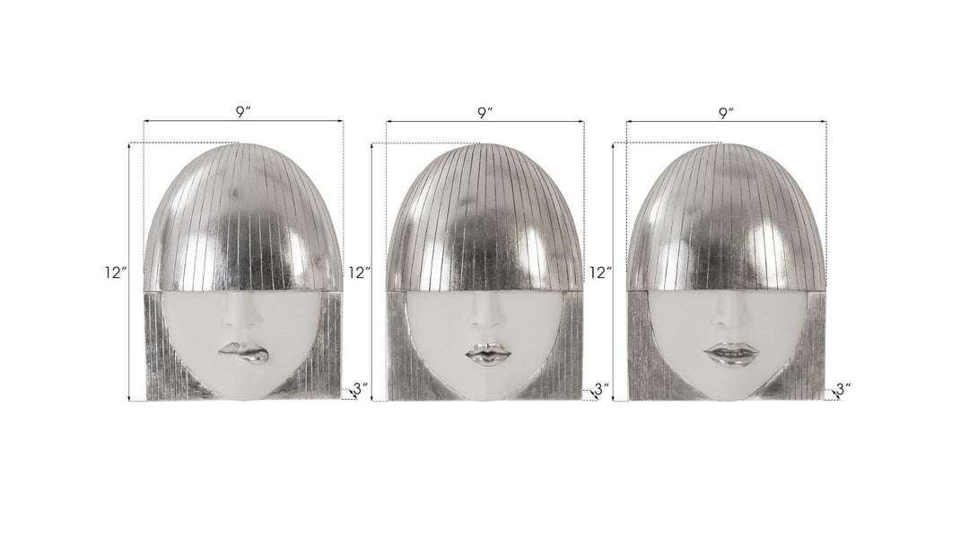 SwayLiving Fashion Faces Wall Art, Small, White and Silver Leaf, Set of 3 WALL ACCENTS
