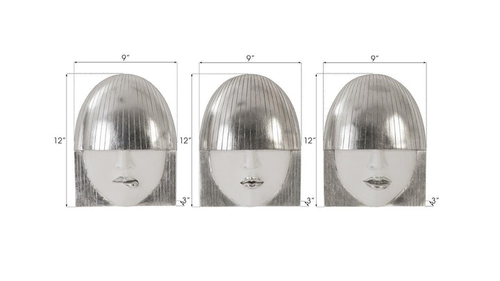 SwayLiving Fashion Faces Wall Art, Small, White and Silver Leaf, Set of 3 WALL ACCENTS