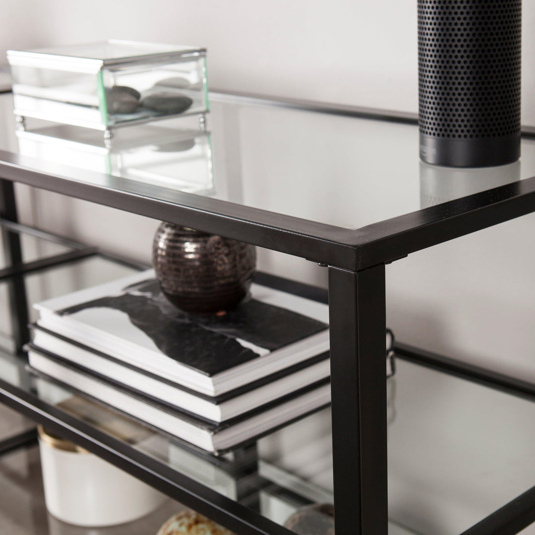SwayLiving Tyler Metal/Glass Media Stand – Transitional Style - Black MEDIA + TV STANDS