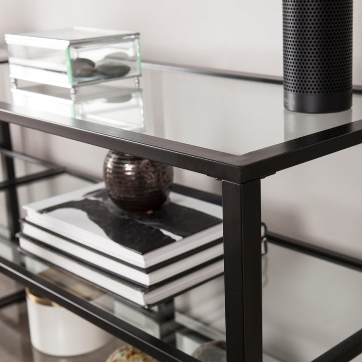 SwayLiving Tyler Metal/Glass Media Stand – Transitional Style - Black MEDIA + TV STANDS