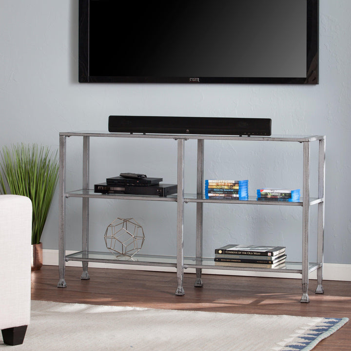 SwayLiving Jaymes Metal/Glass 3-Tier Console Table/Media Stand - Silver CONSOLE TABLES