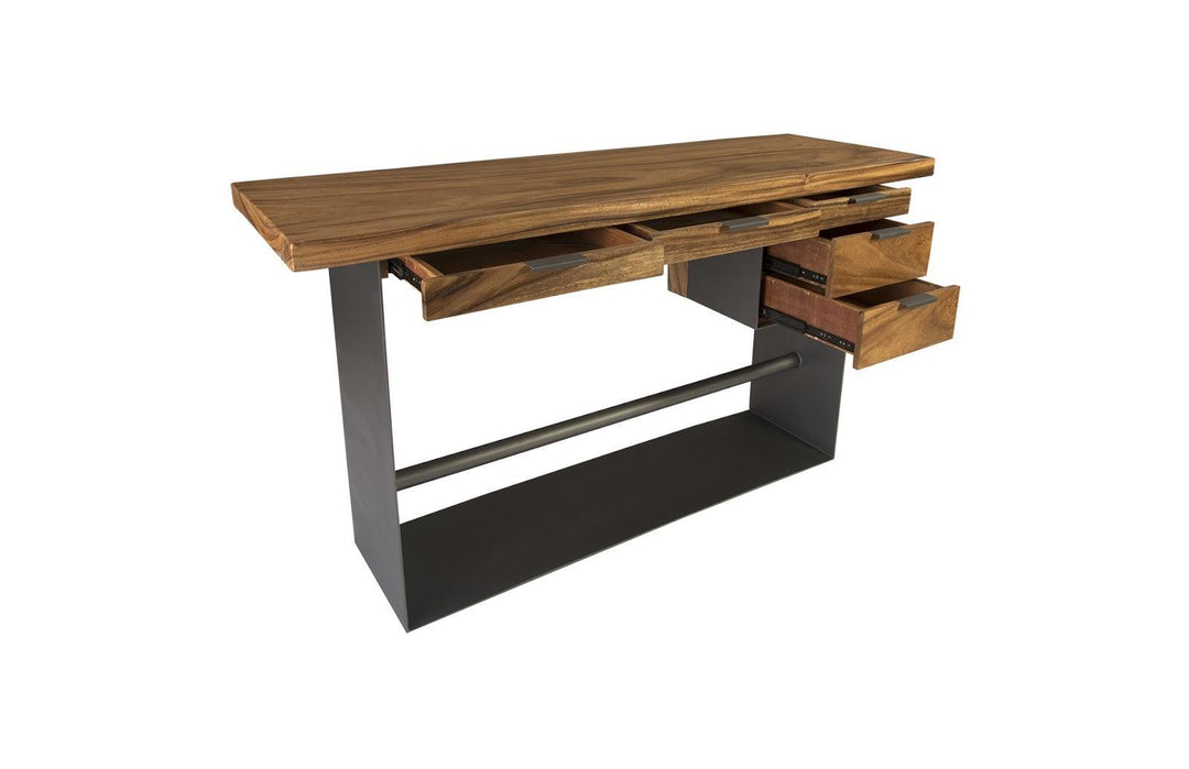 SwayLiving Iron Frame Standing Desk with Drawers, Chamcha Wood, Natural, Bar Height DESKS
