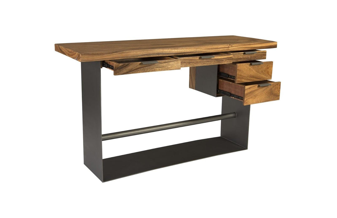 SwayLiving Iron Frame Standing Desk with Drawers, Chamcha Wood, Natural, Bar Height DESKS