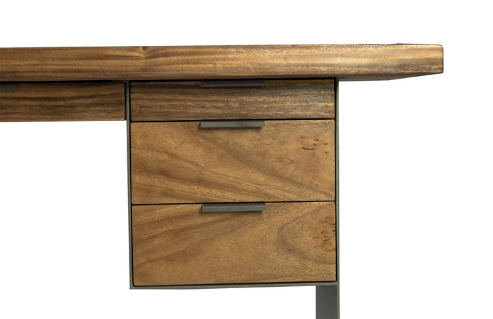 SwayLiving Iron Frame Standing Desk with Drawers, Chamcha Wood, Natural, Bar Height DESKS