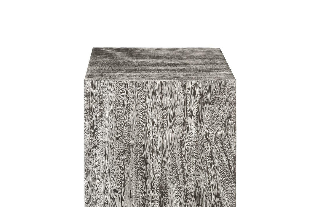 SwayLiving Origins Pedestal, Medium, Mitered Chamcha Wood, Gray Stone Finish ACCENT TABLES