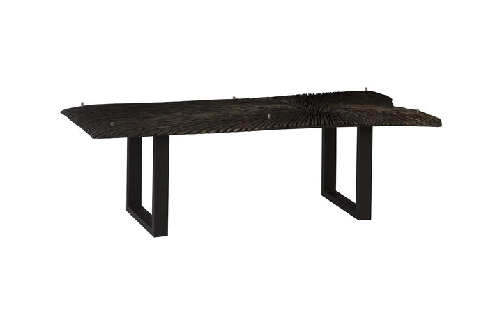SwayLiving Chainsaw Dining Table with Glass, Burnt Black, Black Iron U Legs DINING TABLES
