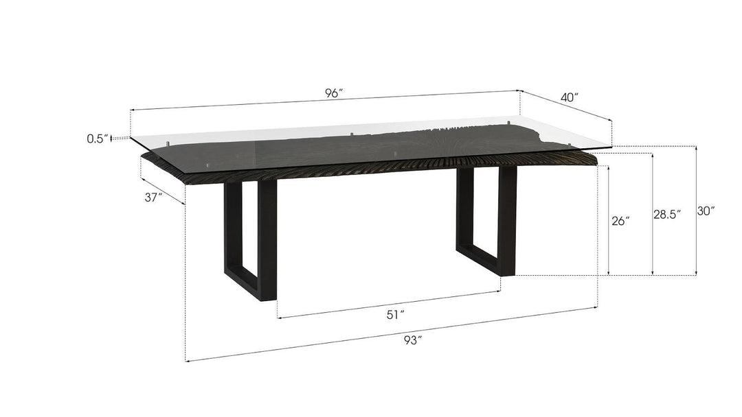 SwayLiving Chainsaw Dining Table with Glass, Burnt Black, Black Iron U Legs DINING TABLES