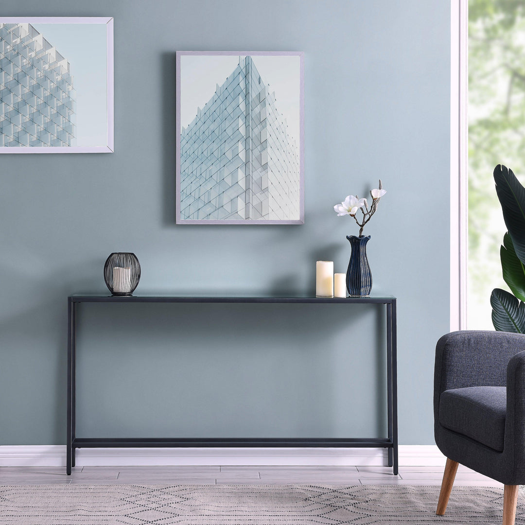 SwayLiving Darrin Narrow Long Console Table w/ Mirrored Top – Gunmetal Gray CONSOLE TABLES