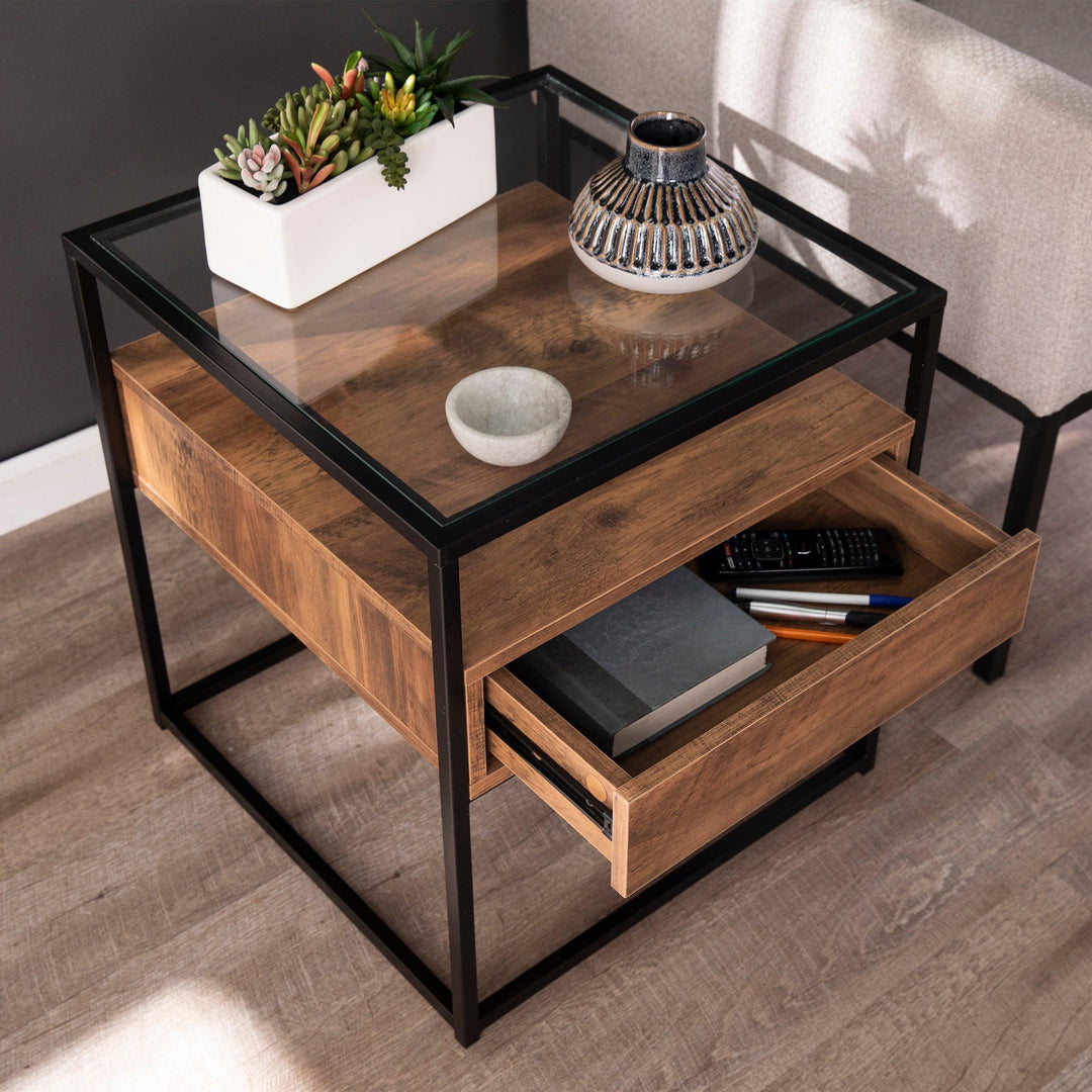 SwayLiving Olivern Glass-Top End Table w/ Storage ACCENT TABLES
