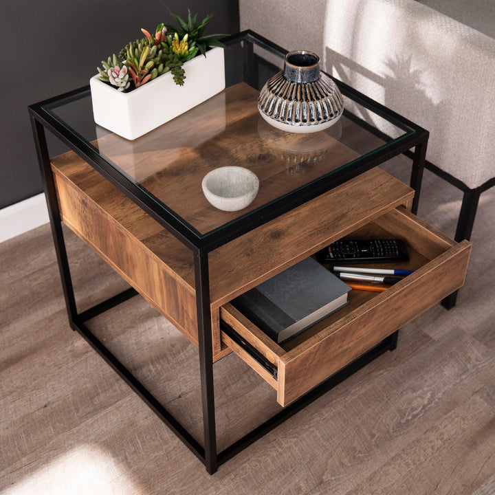 SwayLiving Olivern Glass-Top End Table w/ Storage ACCENT TABLES
