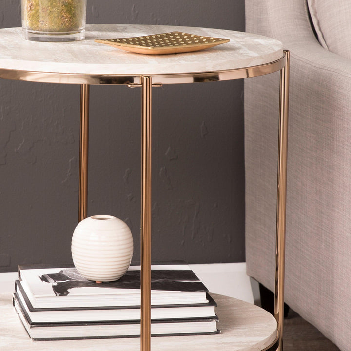 SwayLiving Silas Round Faux Stone End Table - Beige ACCENT TABLES